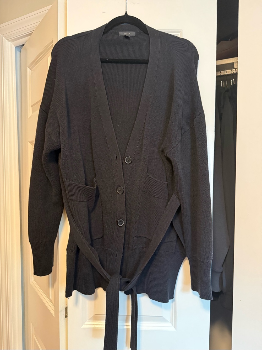 J Crew Black Button-Front Knit Cardigan with Tie Belt